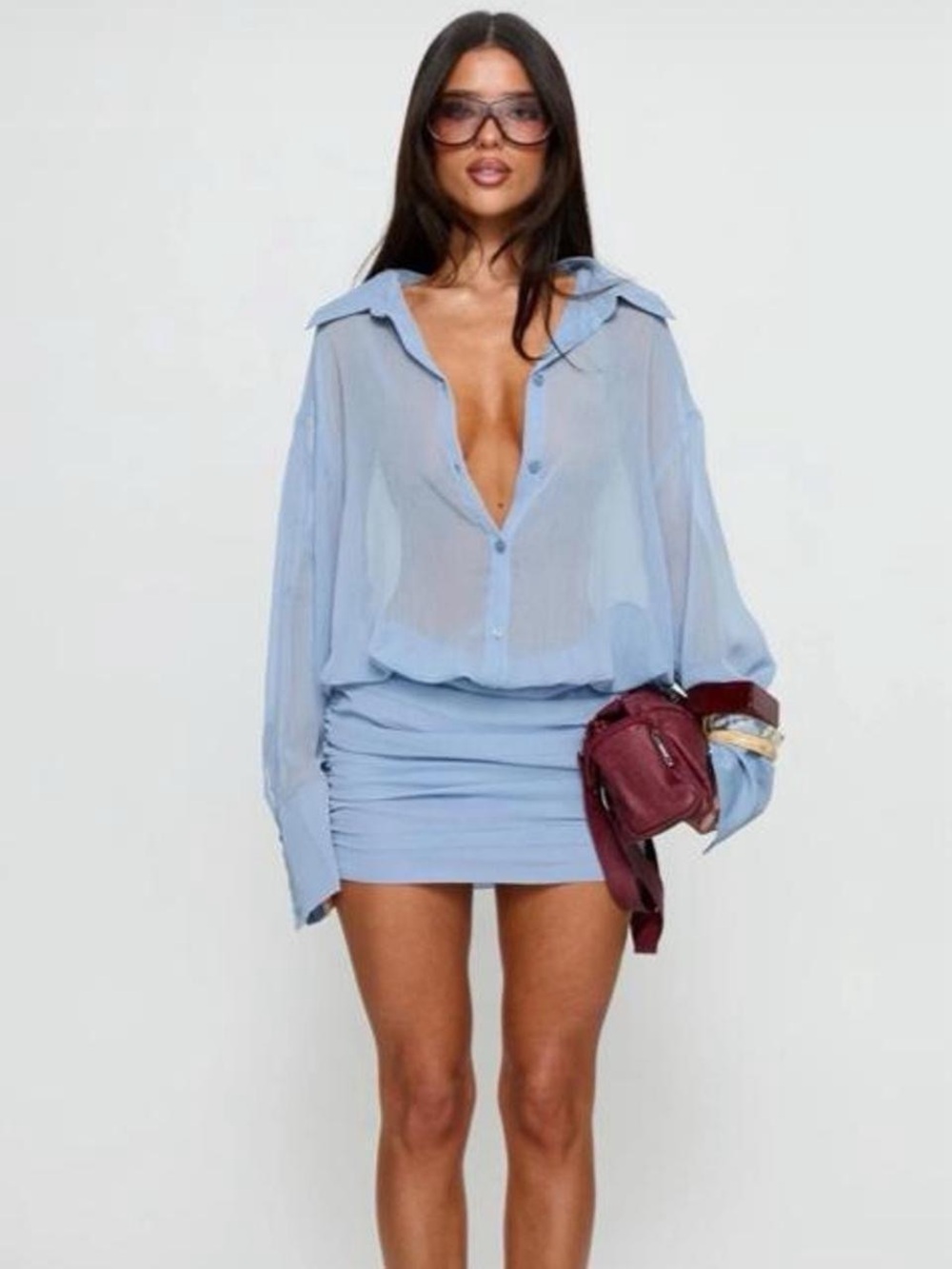 Princess Polly Light Blue Sheer Button-Down Mini Dress
